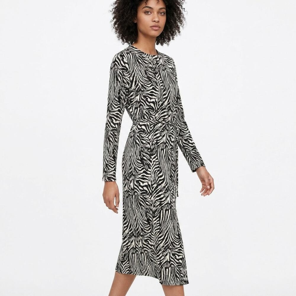 Zara Black Wrap Midi Animal Print Dress Women Size XL